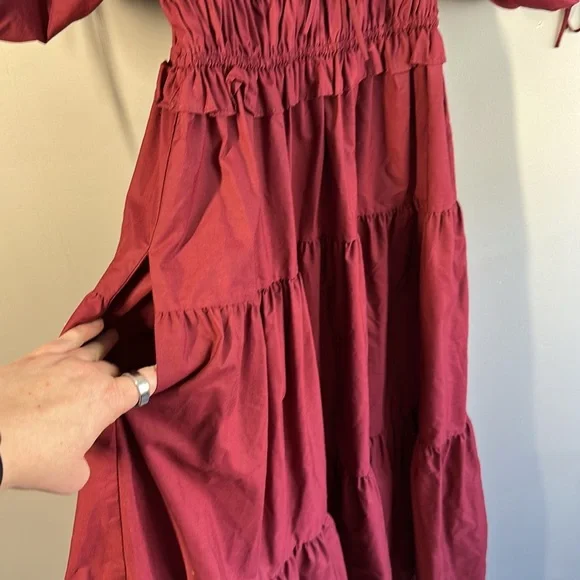 En Saison Maroon Puff Sleeve Tiered Cotton Midi Dress M Cottagecore Milkmaid - Picture 9 of 16